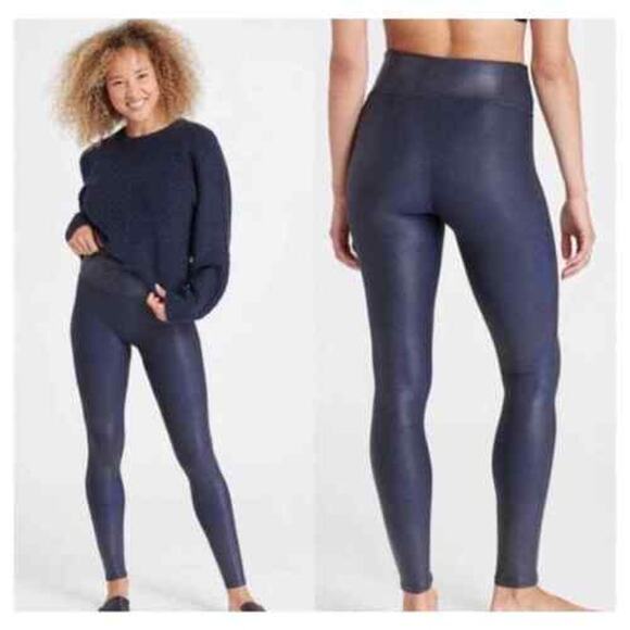 Spanx Womens Small S Midnight Blue Faux Leather Leggings Nylon Dress Up Metallic - Picture 12 of 13